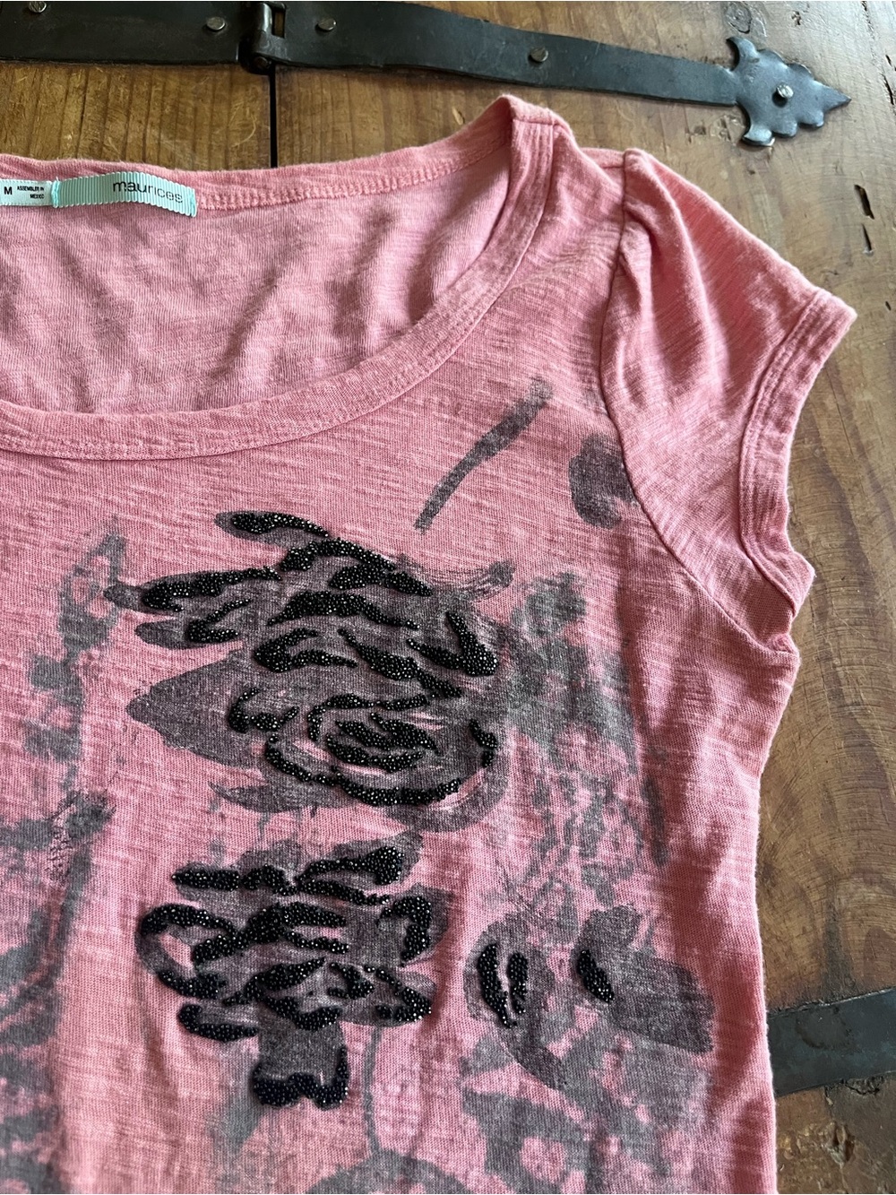 Maurices Rose Pink Tee with Black Glitter Floral Motif